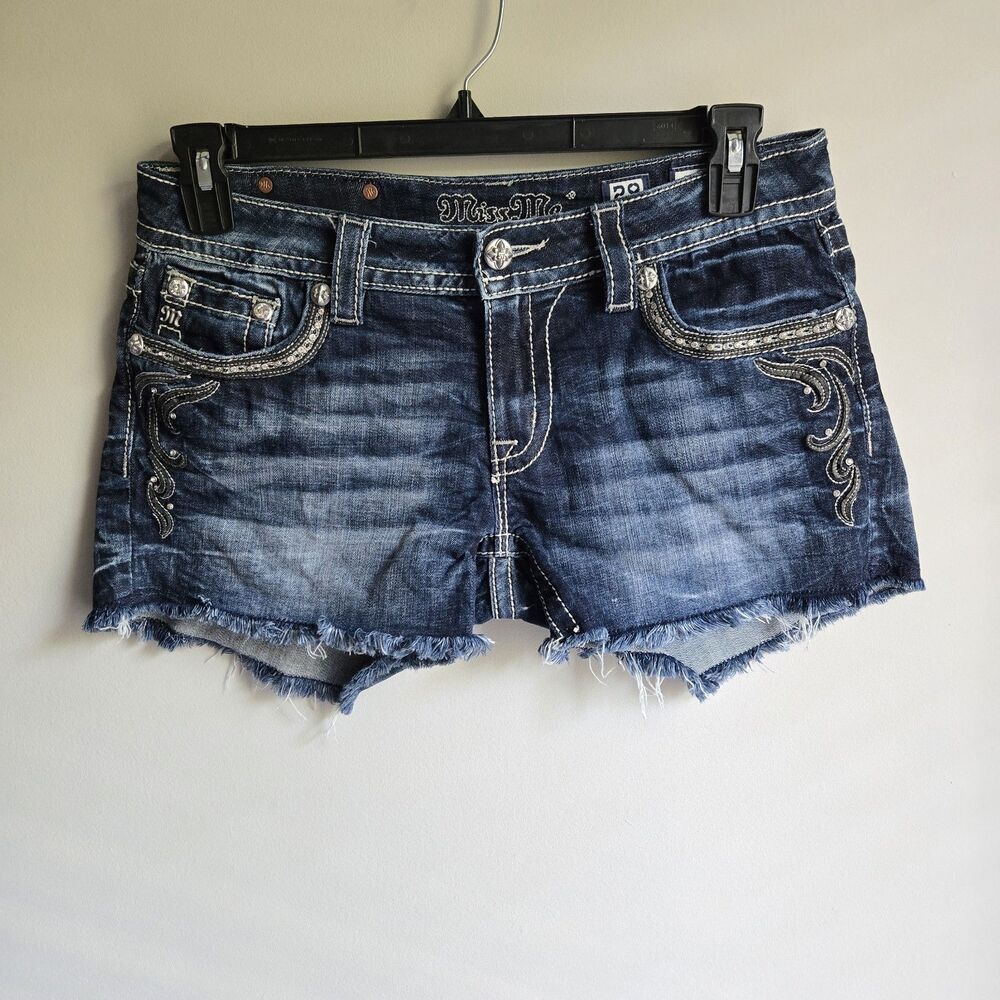 Miss Me Size 29 Y2K Bling Micro Denim Cutoff Shorts Dark Wash Flap Pocket Low